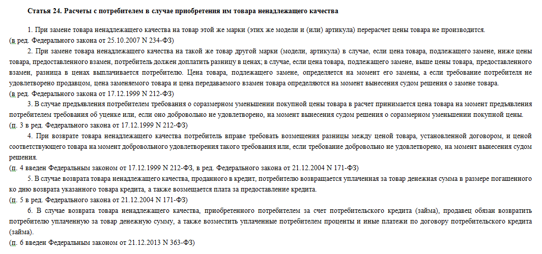 Возврат дивана в течении 14 дней без объяснения причин закон